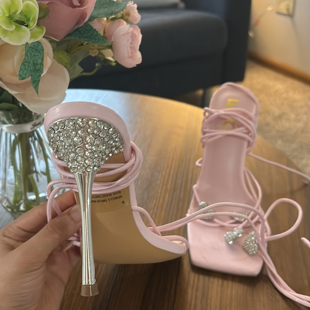 Ego pink lace up heels with rhinestones